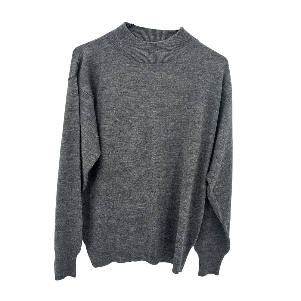 Preppy Mock Neck Knit Sweater Large Gray Dark‎ Academia Minimalist Vintage